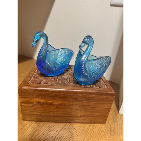Vintage Blue Glass Swan Dishes Set Of Two - Picture 1 of 8